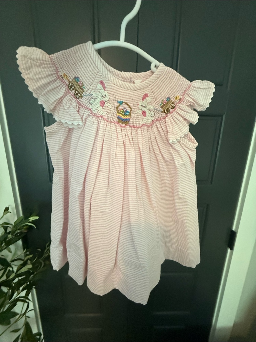 Smocked Pink Ruffle Sleeve Girls' Easter Bunny Dress - 12M